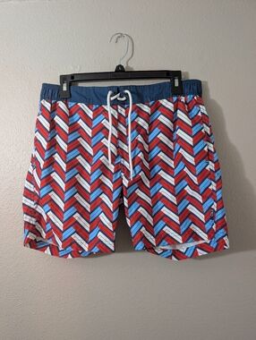 Cole Men's Red & Blue Chevron Swim Trunks - Drawstring Waist